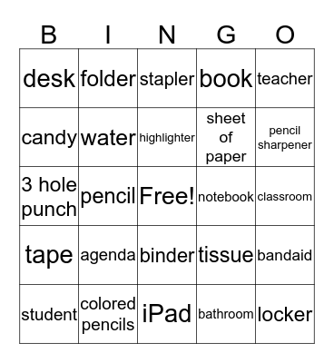 School Stuff Bingo Card