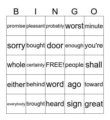 Vocabulary Bingo Card