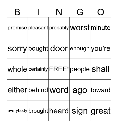 Vocabulary Bingo Card