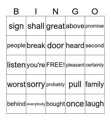 Vocabulary Bingo Card