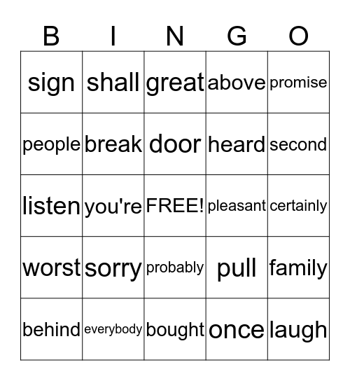 Vocabulary Bingo Card