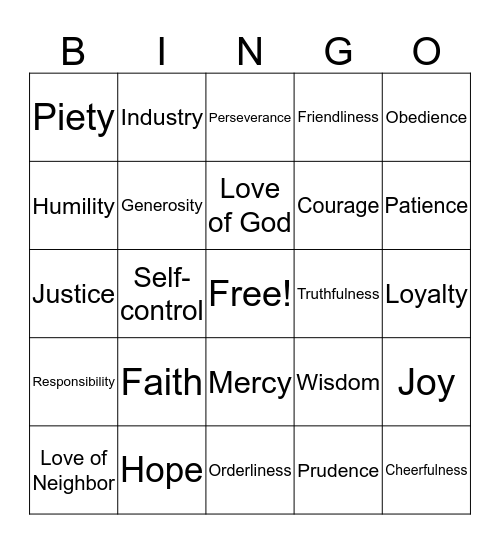 Virtue Bingo Card
