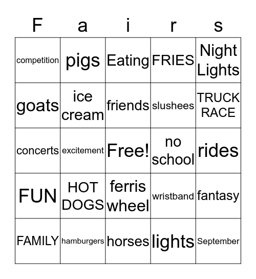 York Fair Bingo Card