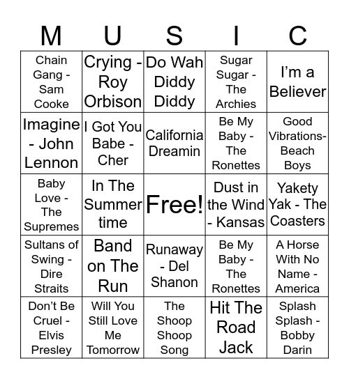 60’s Music Bingo Card