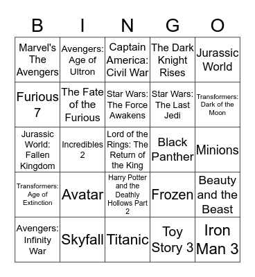 Highest Grossing Movies Bingo Card