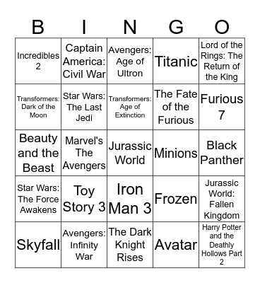 Highest Grossing Movies Bingo Card