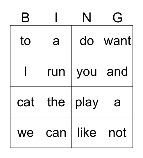 Sight Word Bingo Card