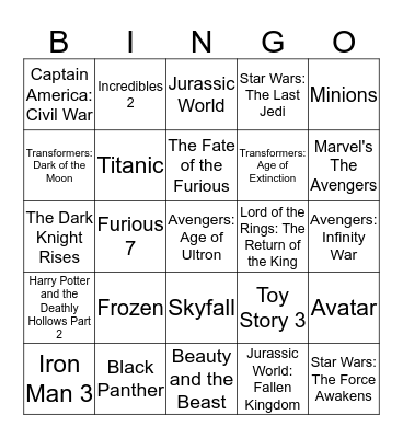 Highest Grossing Movies Bingo Card