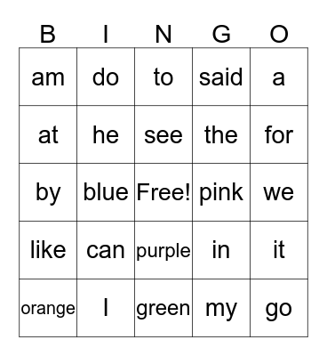 Sight Words and Colors Bingo Card