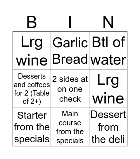 Play for a free main course! Bingo Card