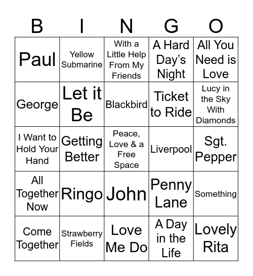 Beatles Bingo Card