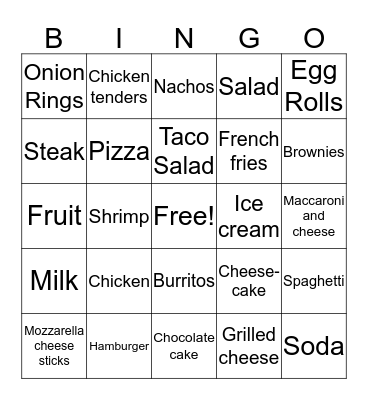 Restaurant Bingo Card