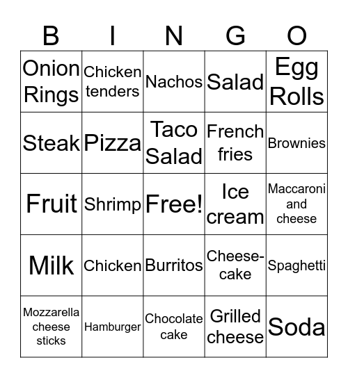 Restaurant Bingo Card
