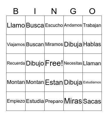 -AR VERBS Bingo Card