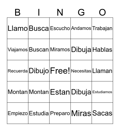 -AR VERBS Bingo Card