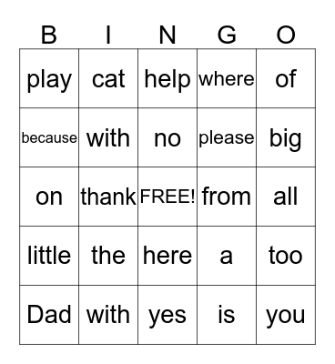 Sight Word Bingo Card