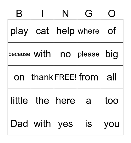 Sight Word Bingo Card