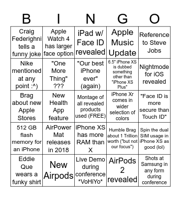 Apple Sept 2018 iPhone Reveal Keynote Bingo Card