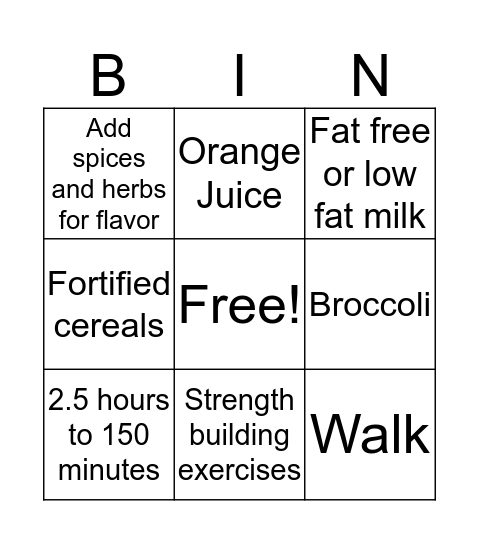 Healthy Eating! Bingo Card