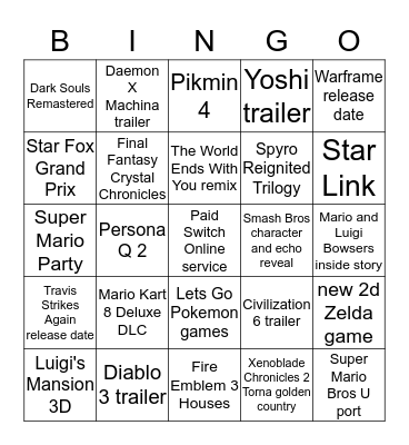 Nintendo Direct September 2018 Bingo Card