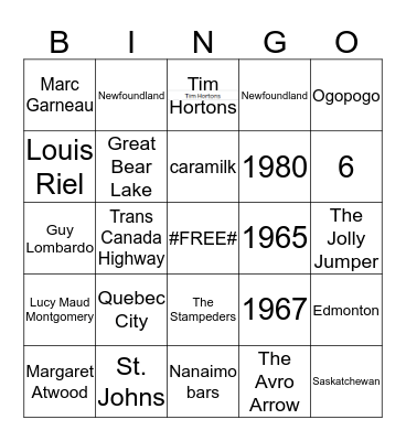 Canadian Trivia Bingo Card