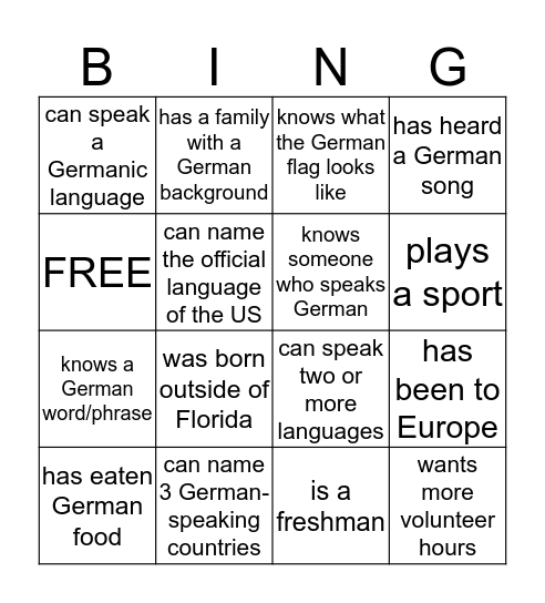 German Club 1st Meeting Bingo Card