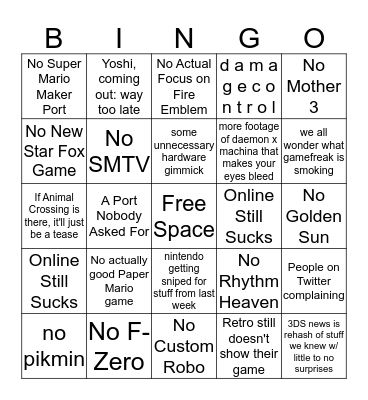 Nintendo Direct Bingo  Bingo Card