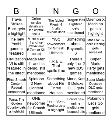 Nintendo Direct 9.13.2018 Bingo Card