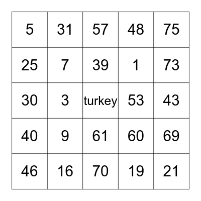 turkey Bingo Card