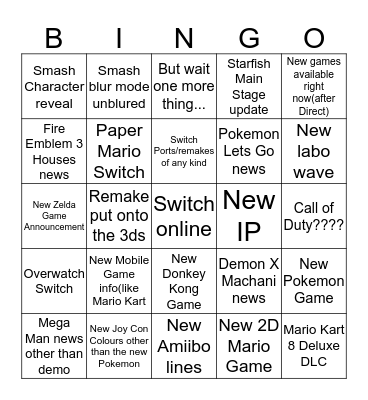 Nintendo Direct Bingo Card