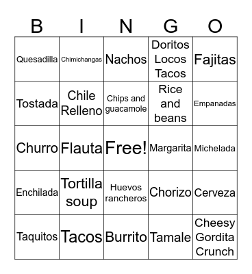 Mexican Restaurant Bingo Card