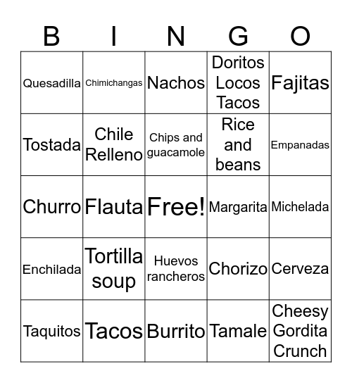 Mexican Restaurant Bingo Card