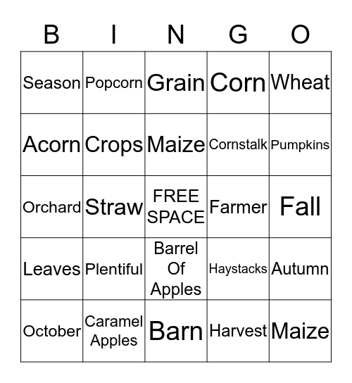 Harvest Bingo Card