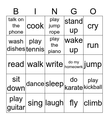 Action Verb Bingo Card