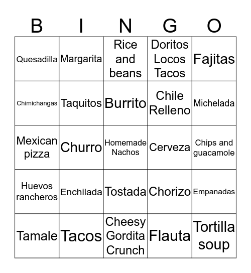 Mexican Food Bingo Card