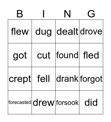 Irregular Verbs Bingo Card