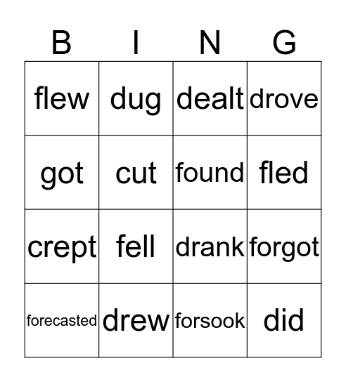 Irregular Verbs Bingo Card