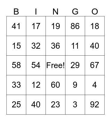 Number Words Bingo Card