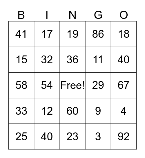 Number Words Bingo Card