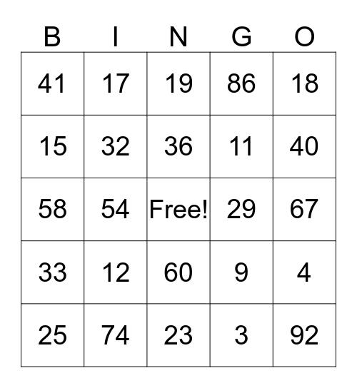 Number Words Bingo Card