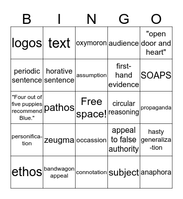 Rhetorical Terms Bingo Card