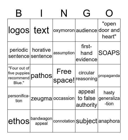 Rhetorical Terms Bingo Card