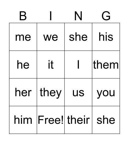 pronouns Bingo Card