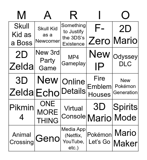Nintendo Direct 9/13 Bingo Card