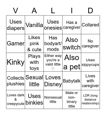 ♡ You're a valid little ♡ Bingo Card