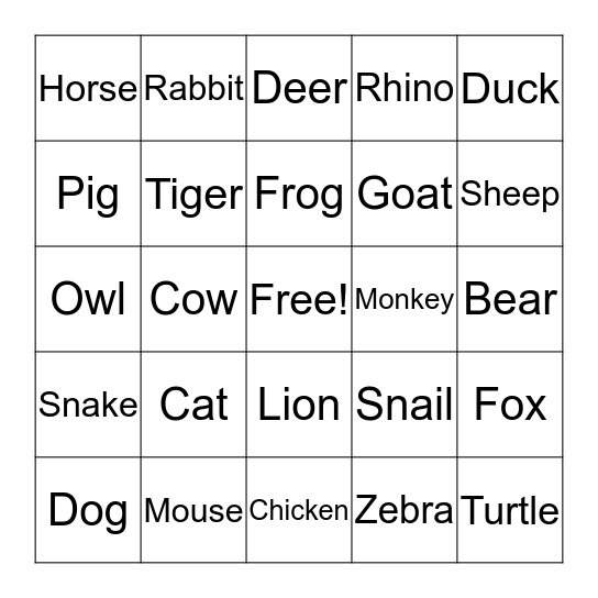 Animals Bingo Card