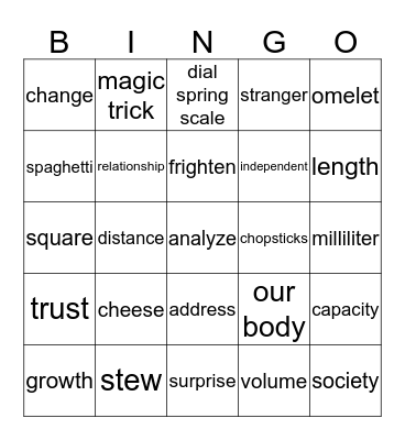 Vocabulary Bingo Card