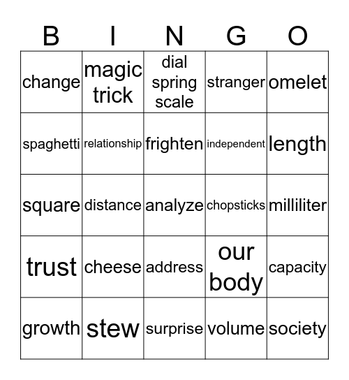 Vocabulary Bingo Card