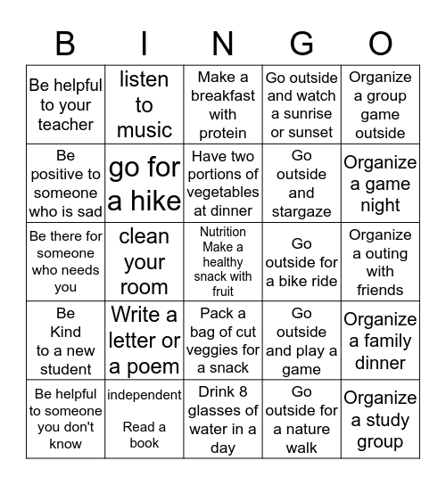 Health Safety and Nutrition Bingo Card