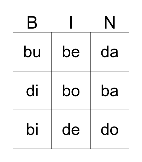 Sílabas abiertas con b y d Bingo Card